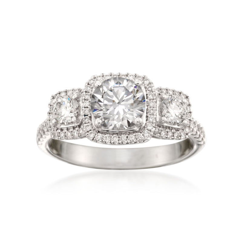 Diamond 3-stone ring in white gold with cushion-cut center and matching side stones