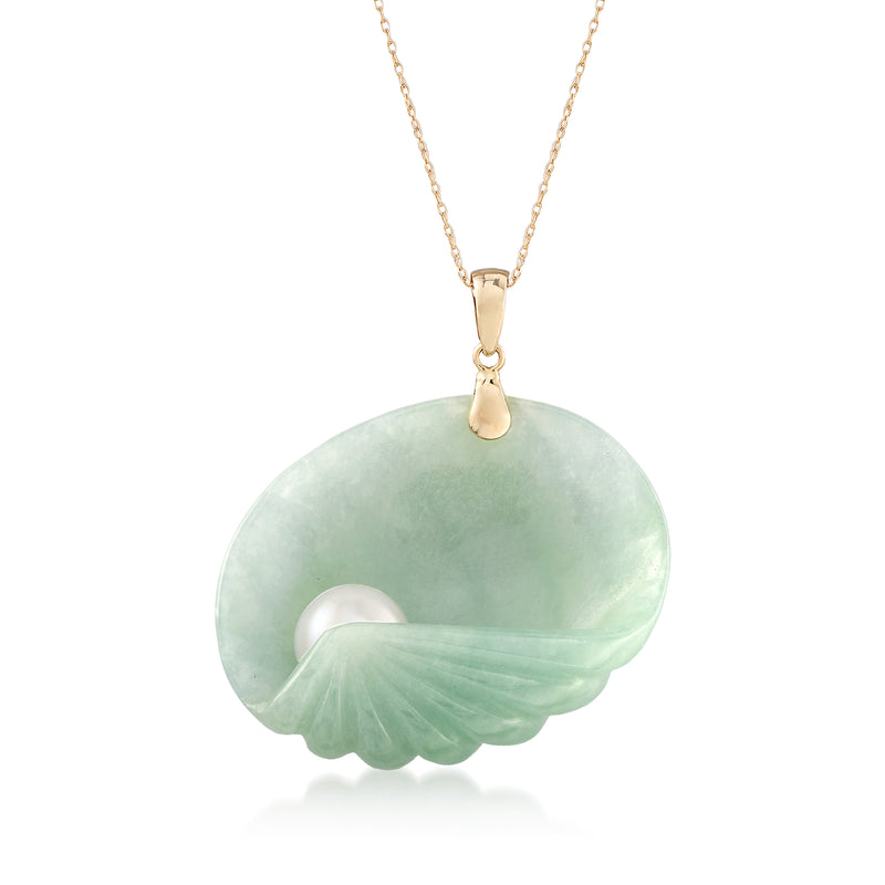 Seashell pendant necklace: green jade shell with pearl, 14kt yellow gold chain