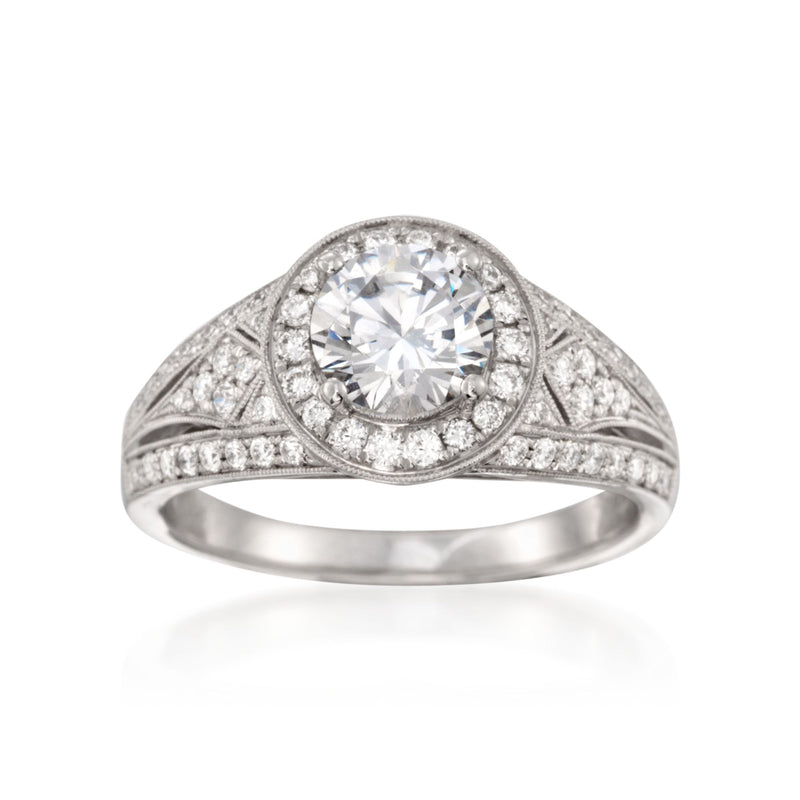 Simon G. diamond engagement ring setting in white gold, round halo, pavé band