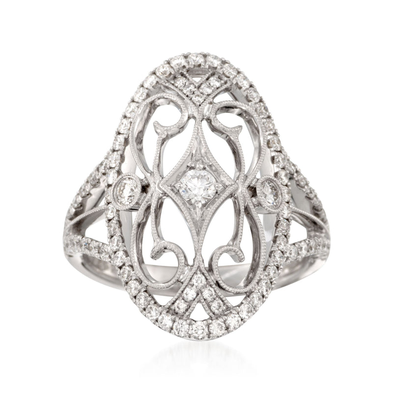 Diamond filigree-style ring in 18kt white gold with round center stone