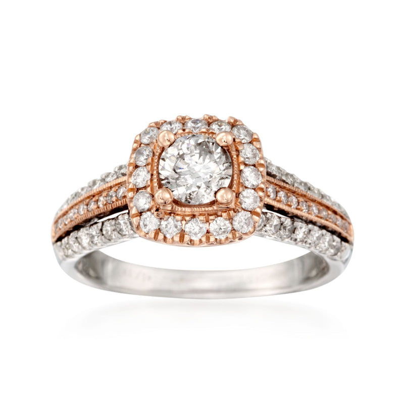 Two-tone gold diamond halo ring with round center stone and pavé band