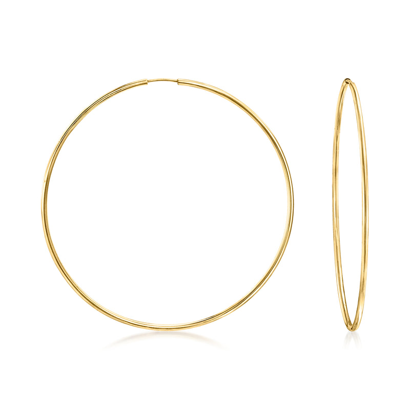 Yellow gold endless hoop earrings with thin 1.5mm hoops