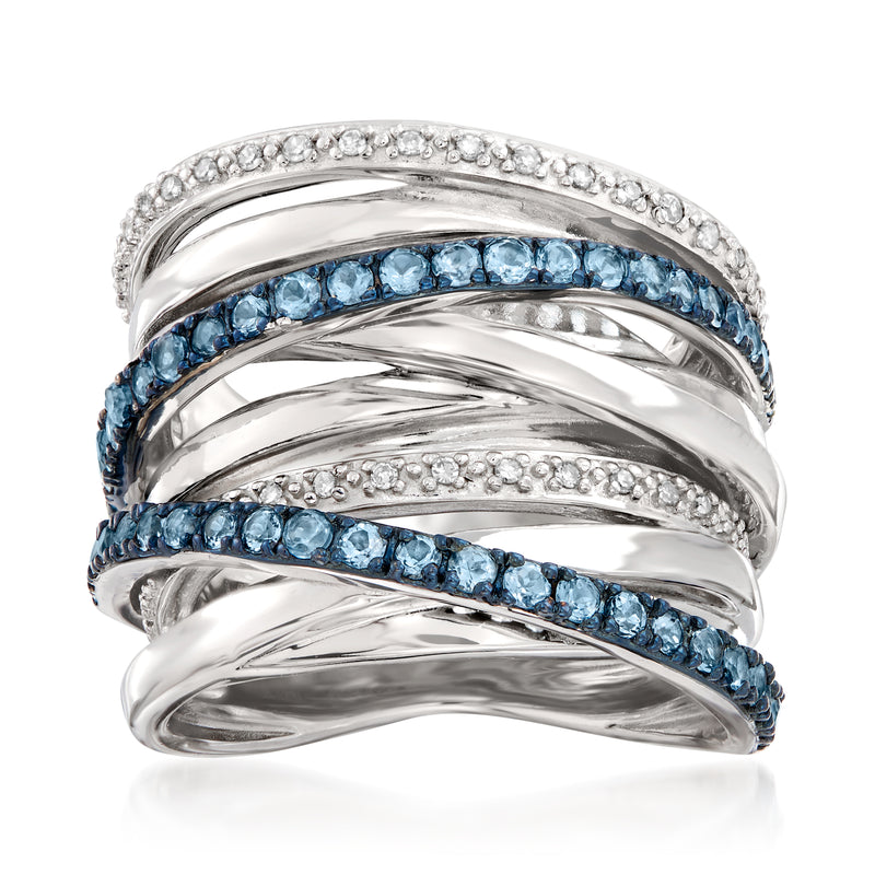Sterling silver ring with layered bands of Swiss blue topaz and diamond accents