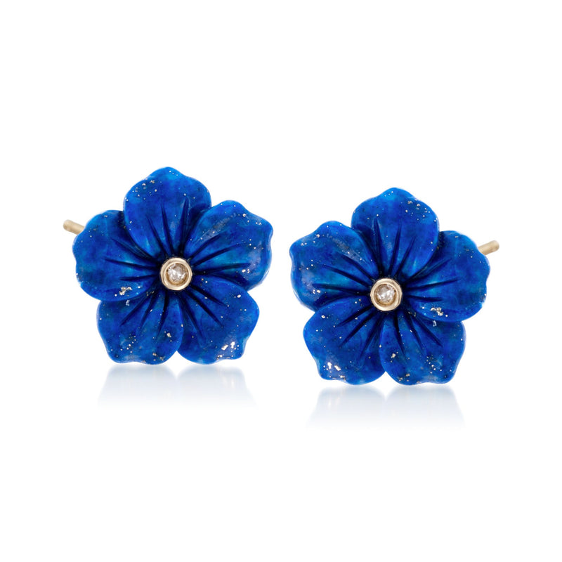 Lapis flower earrings with diamond accents, 14kt yellow gold post backs