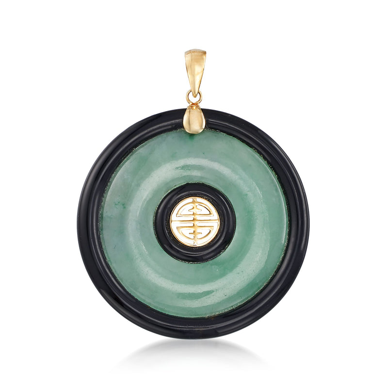Circular jade-green agate pendant with black border, gold bail, and Shou longevity symbol