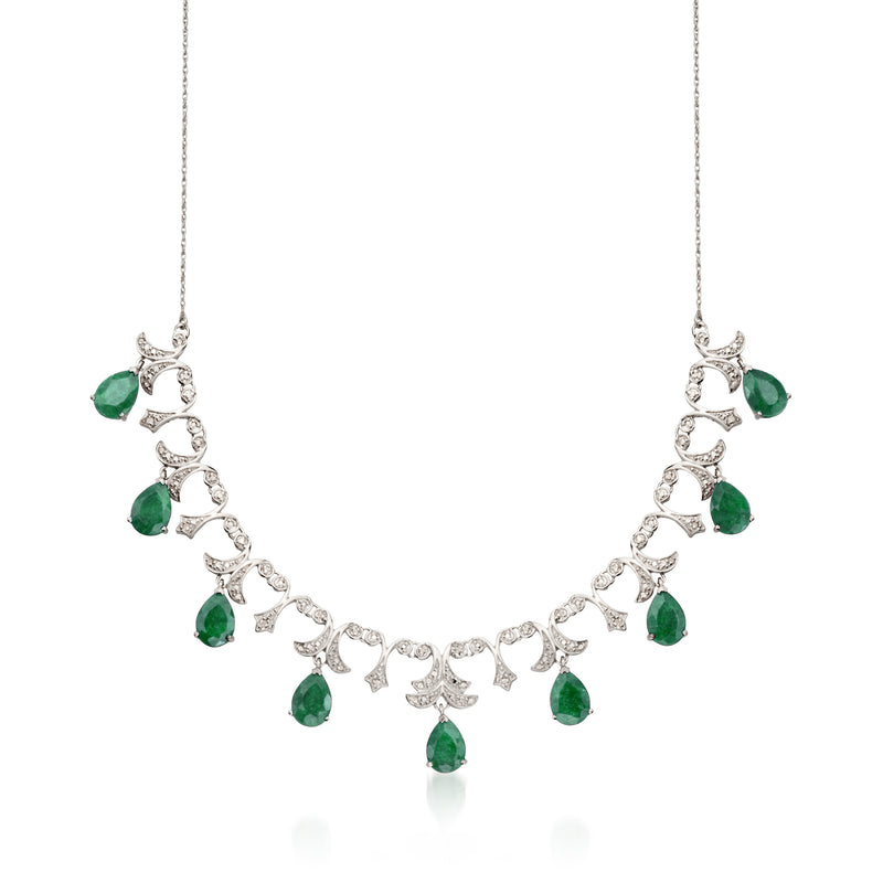Sterling silver necklace with emerald-green teardrop gems and diamond accents