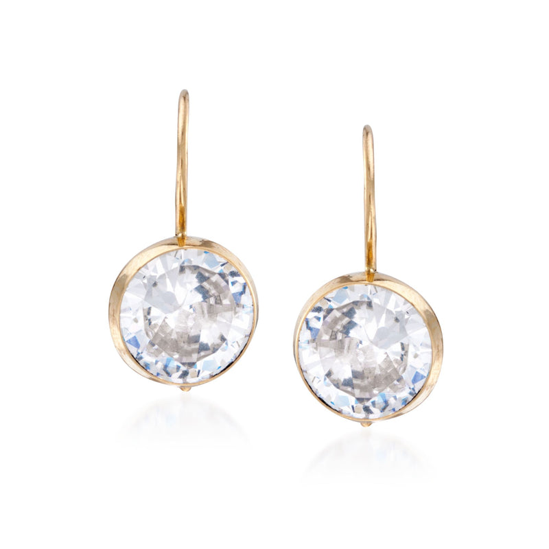 14kt yellow gold CZ drop earrings with round bezel-set stones on earwires