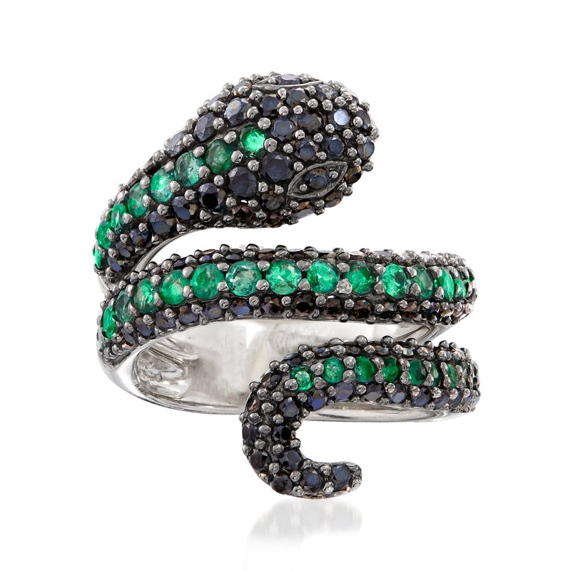 Sterling silver snake bypass ring with black spinel and emerald stones
