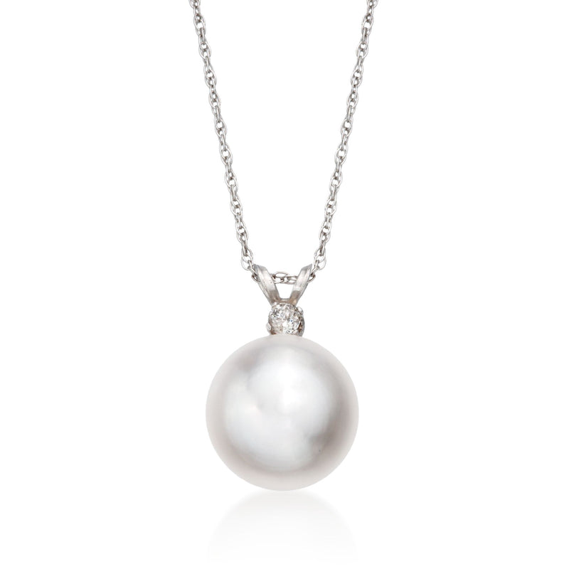 Cultured pearl pendant necklace with round 11mm pearl and diamond accent in white gold