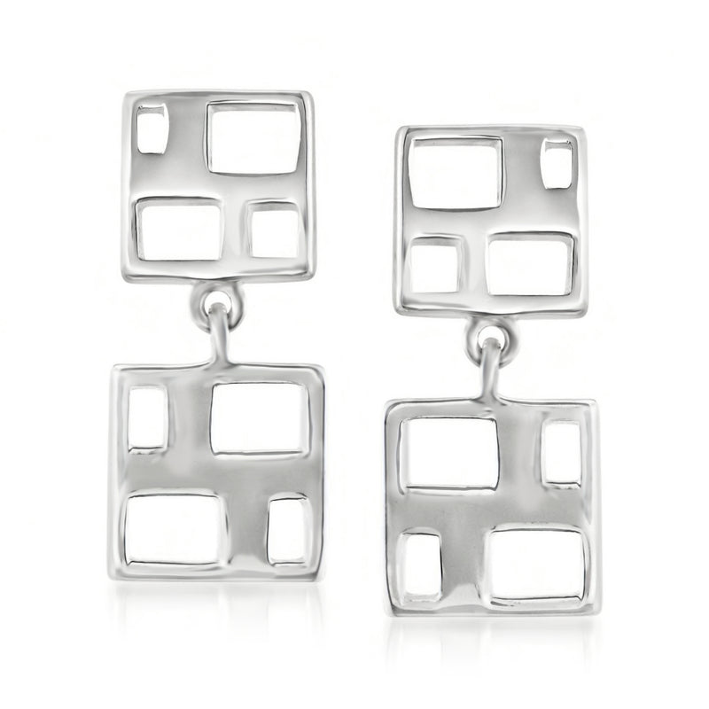 Sterling silver drop earrings with geometric square window cutouts and charms