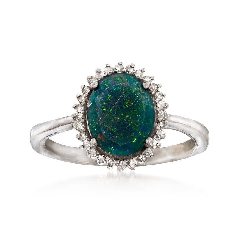 Sterling silver opal and diamond halo ring with oval green gemstone