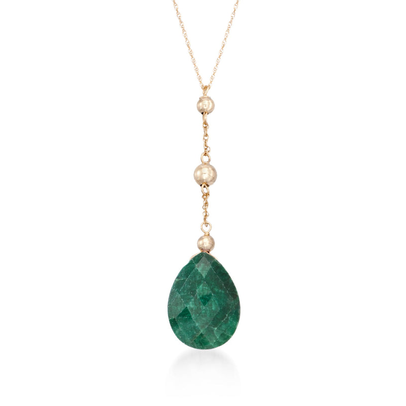 14kt yellow gold bead-drop pendant necklace with green corundum teardrop