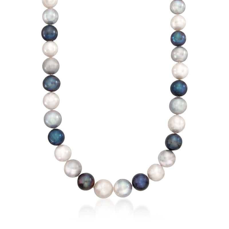 Multicolored cultured pearl necklace with round pearls in blue, white, and gray tones