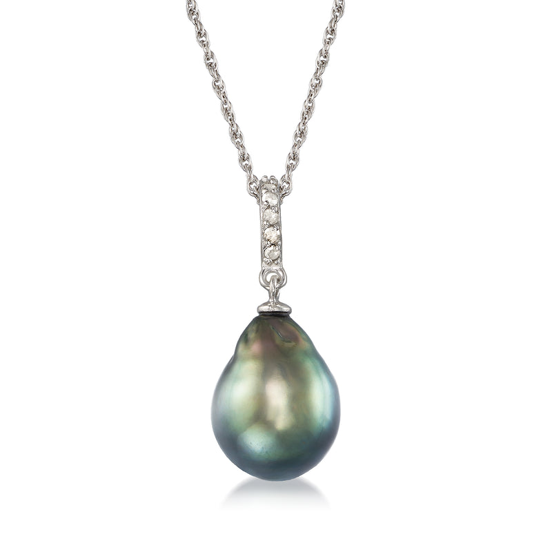Sterling silver chain necklace with peacock-lustrous black Tahitian pearl drop pendant