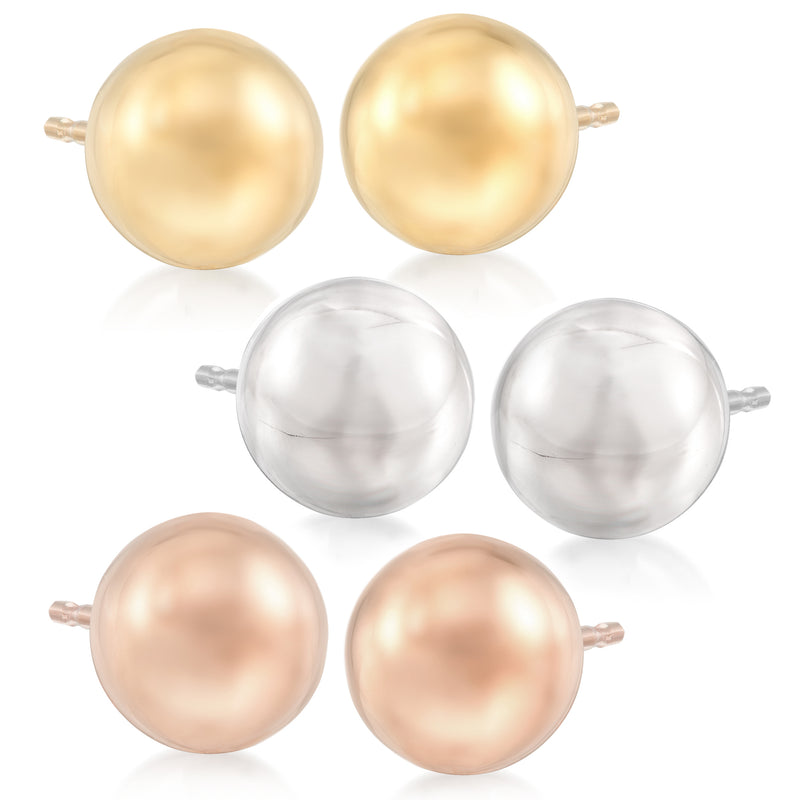 Tri-colored sterling silver ball stud earring set, three pairs, 8mm spheres
