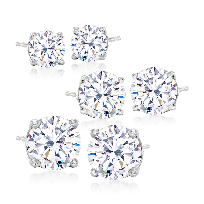 Sterling silver CZ stud earrings set with six round clear stones in prong settings