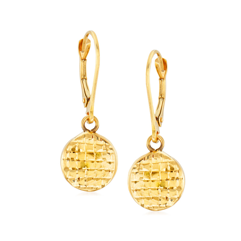 14kt yellow gold textured and polished disc drop earrings with leverback hooks