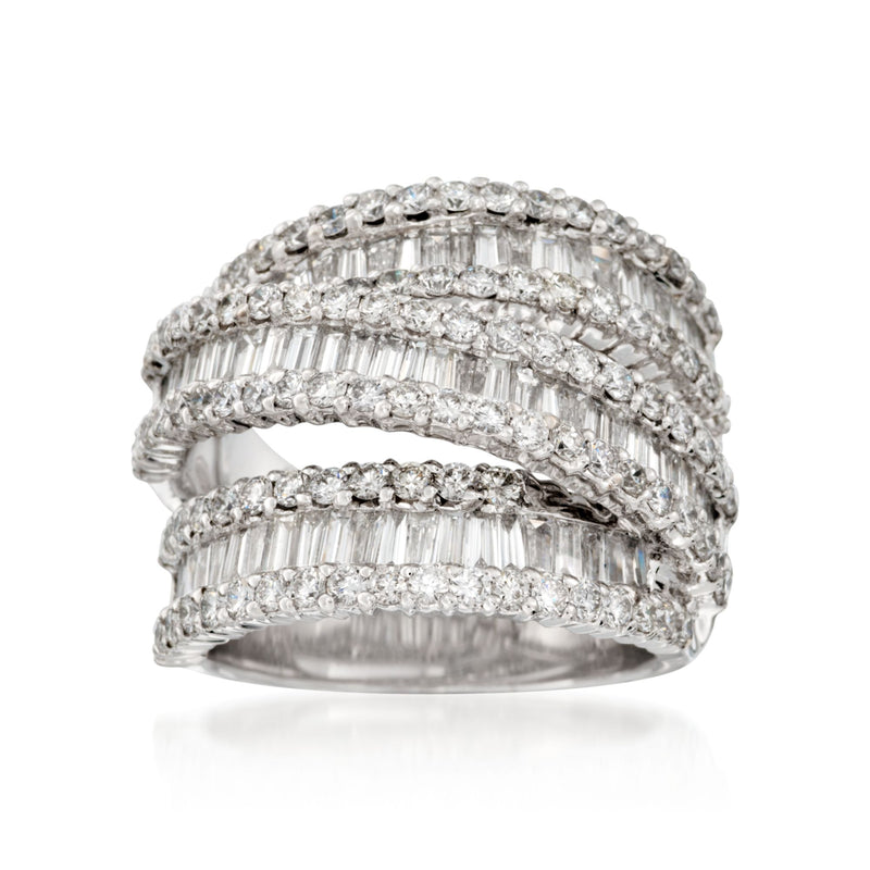 18kt white gold diamond three-row crisscross ring with baguette stones and rounds