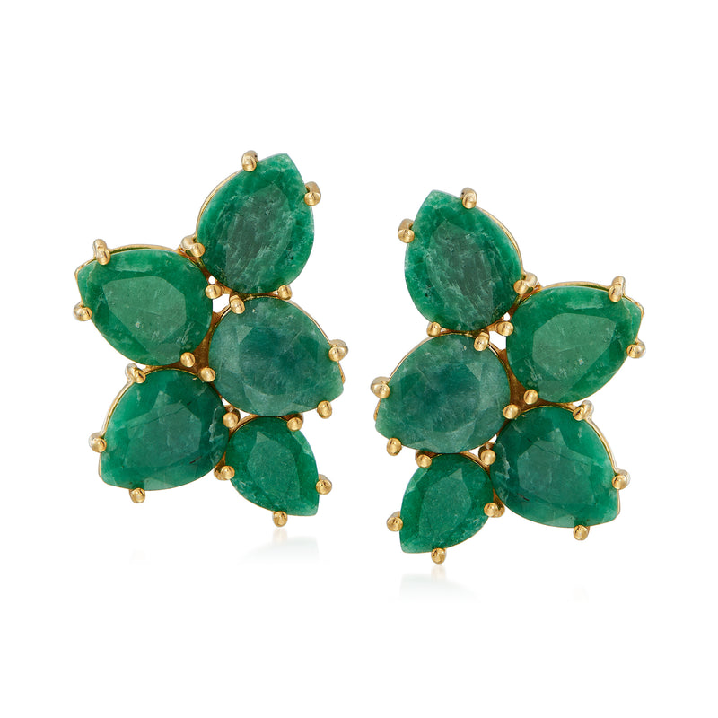 Emerald green cluster stud earrings with gold-tone settings and teardrop stones