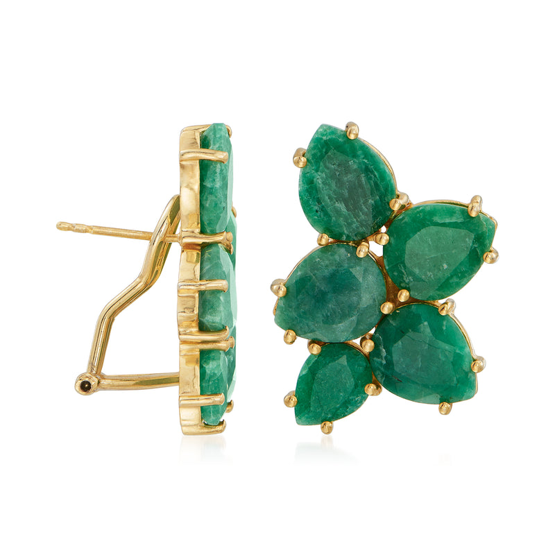 Gold-tone post earrings with green emerald cluster design and visible back