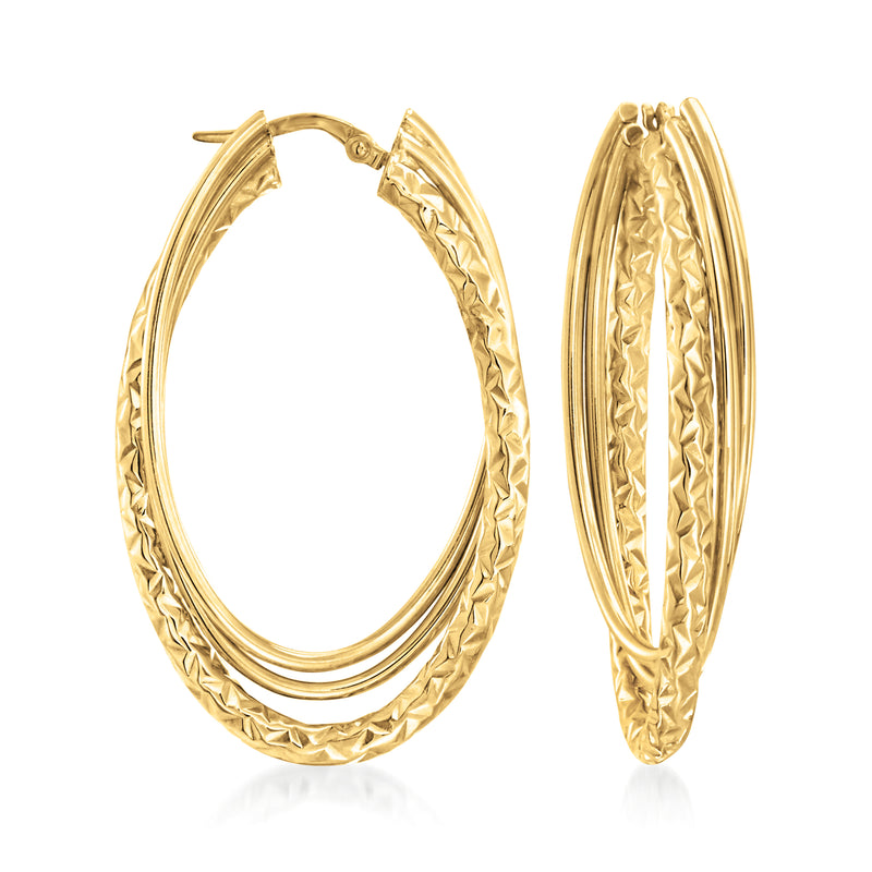 Twisted triple hoop earrings in 14kt yellow gold with textured oval hoops