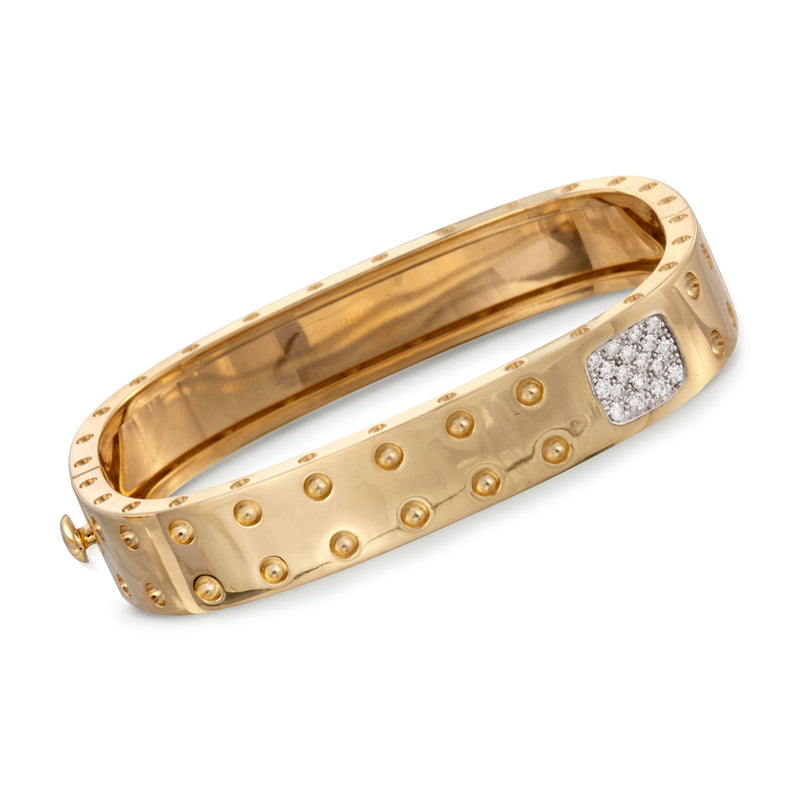 18kt yellow gold diamond square bangle bracelet with bezel set square stone, dot accents