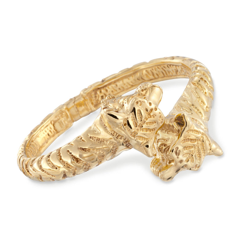 Yellow gold tiger bypass bangle bracelet with detailed tiger head design