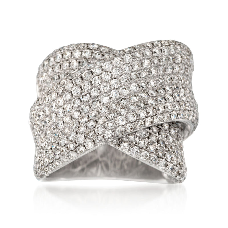 18kt white gold pave diamond crisscross ring with X-shaped setting