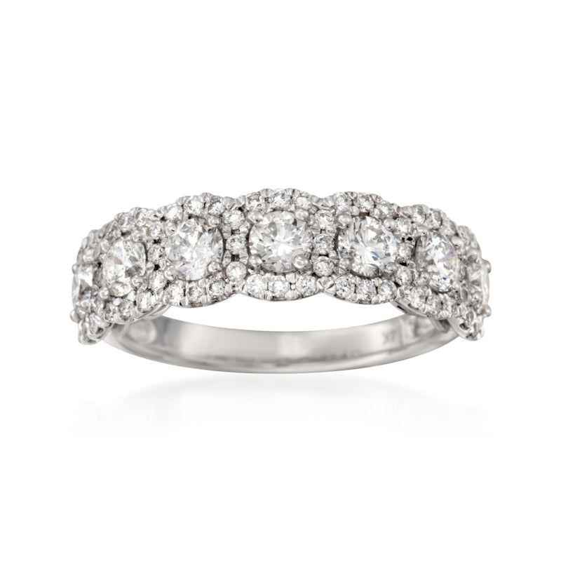 Diamond seven-stone halo ring in 14kt white gold, front view
