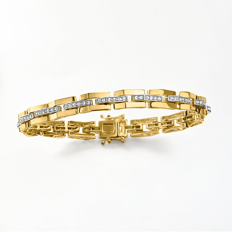 Diamond bar link bracelet side view, gold links with rectangular diamond row