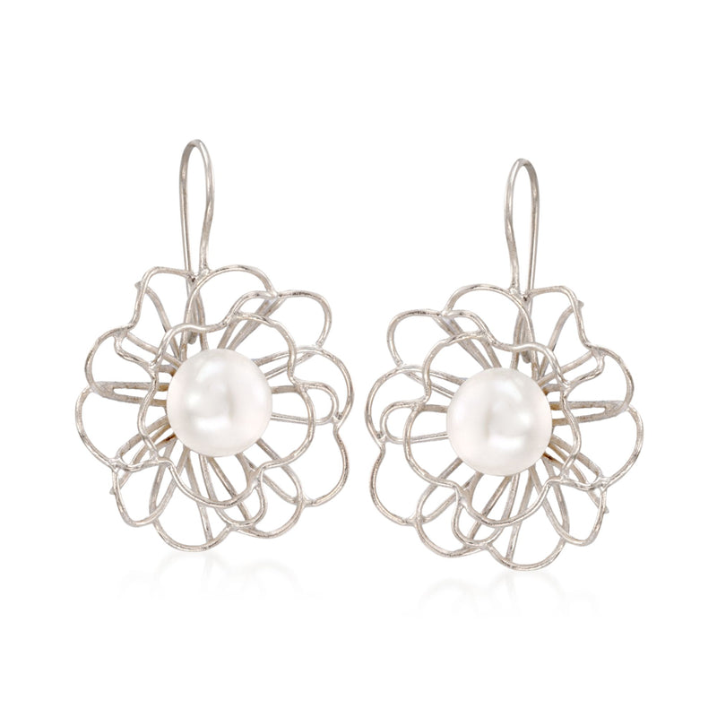 Sterling silver openwork floral drop earrings with round cultured pearl centers