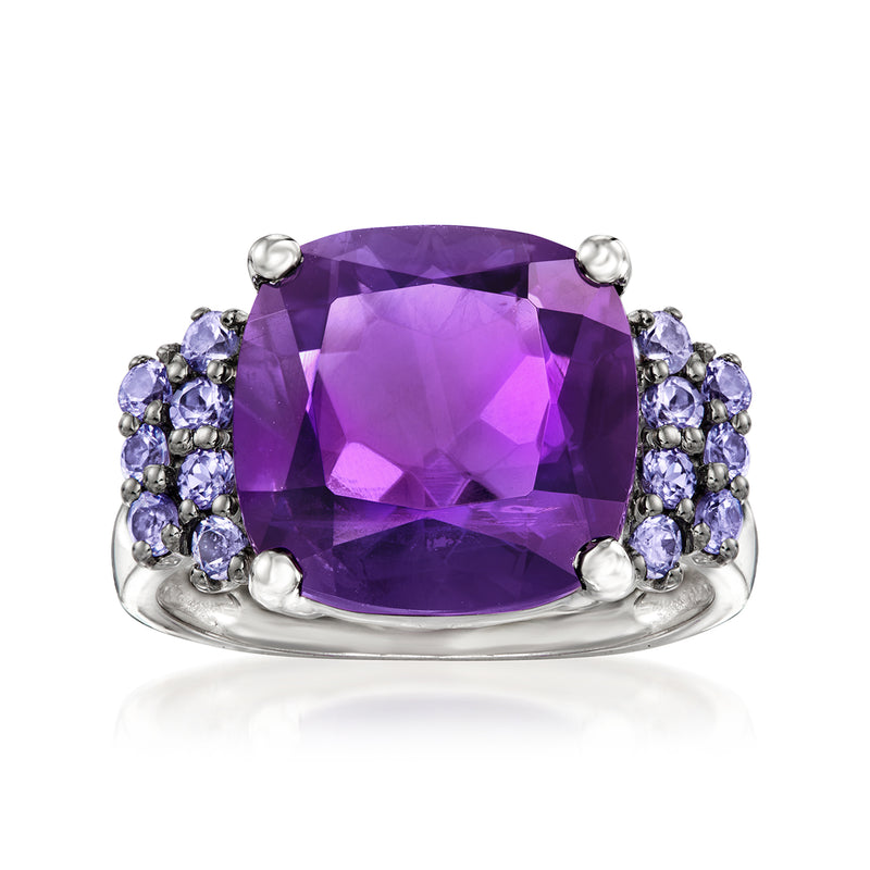 Sterling silver ring with large purple amethyst center and blue side gemstones