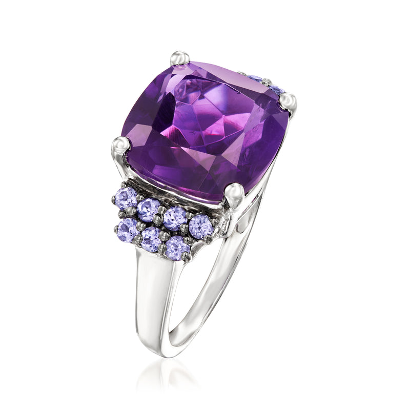 Sterling silver ring with cushion-cut amethyst and tanzanite accents