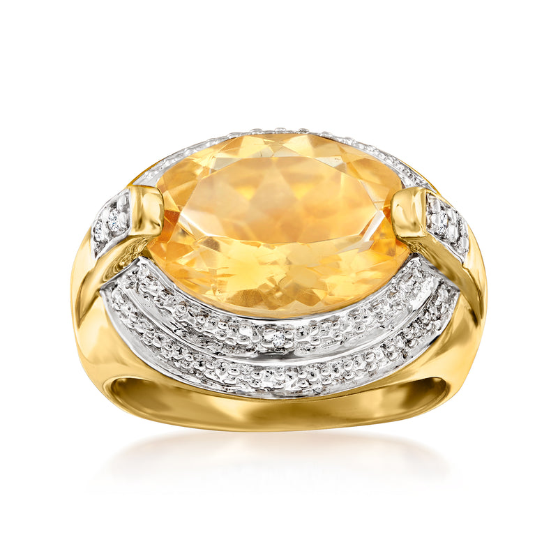 Gold-tone oval citrine ring with white topaz halo and split shoulders