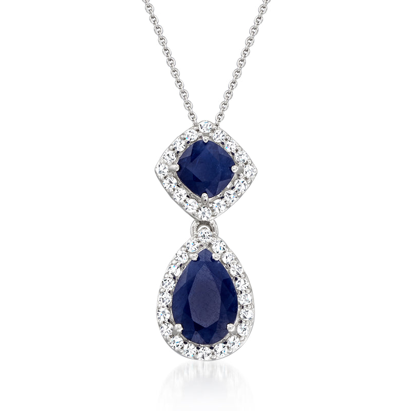 14k white gold sapphire and diamond pendant necklace with two blue stones and diamond halos