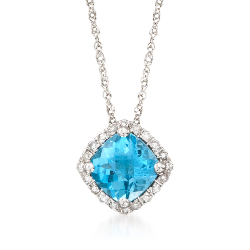 14kt white gold topaz pendant necklace with blue cushion stone and diamond halo