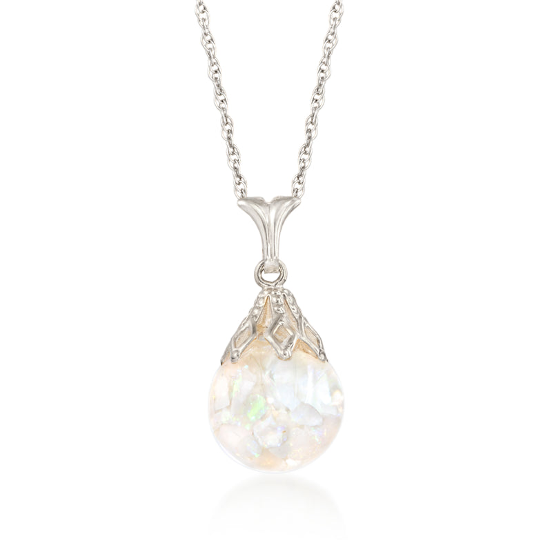 Floating opal pendant necklace in 14kt white gold with teardrop opal drop