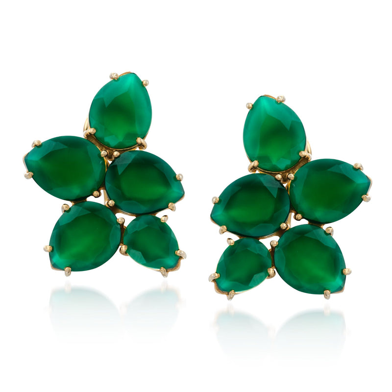 Green agate cluster stud earrings, oval stones in 14kt gold over sterling