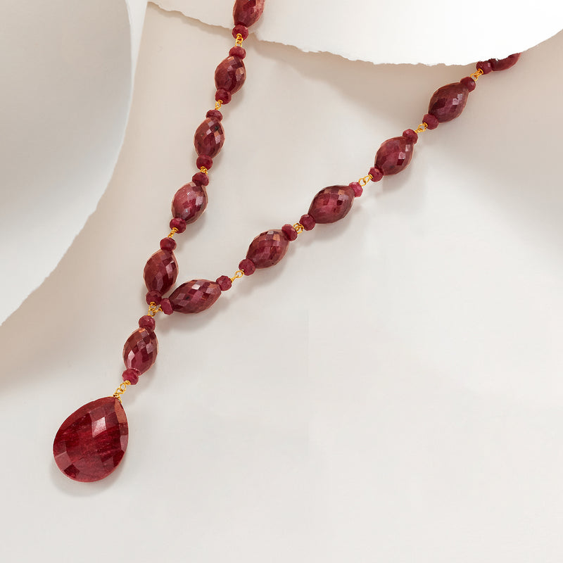 Long ruby drop necklace with marquise red beads and large teardrop pendant