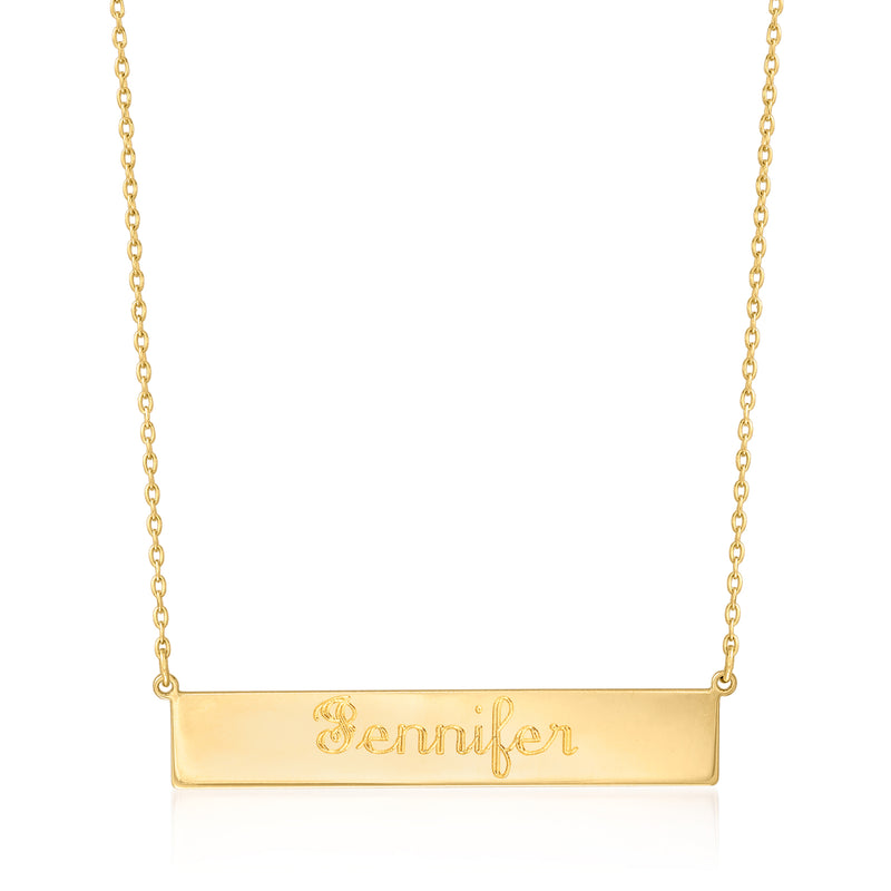 14kt yellow gold personalized bar necklace with engraved name text, cable chain