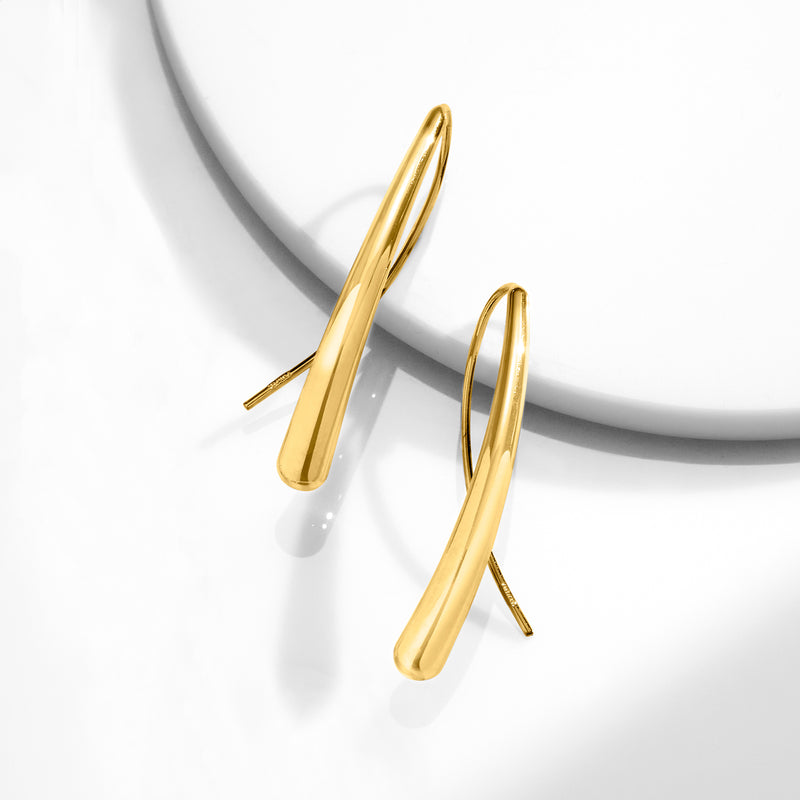 14kt yellow gold long teardrop hoop earrings, curved polished drop on earwire