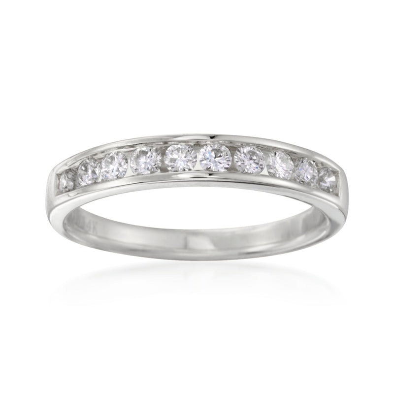 14kt white gold diamond channel-set ring with round stones across the top