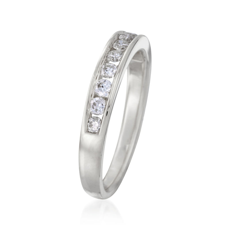 14kt white gold diamond channel-set band ring, visible side profile with round stones