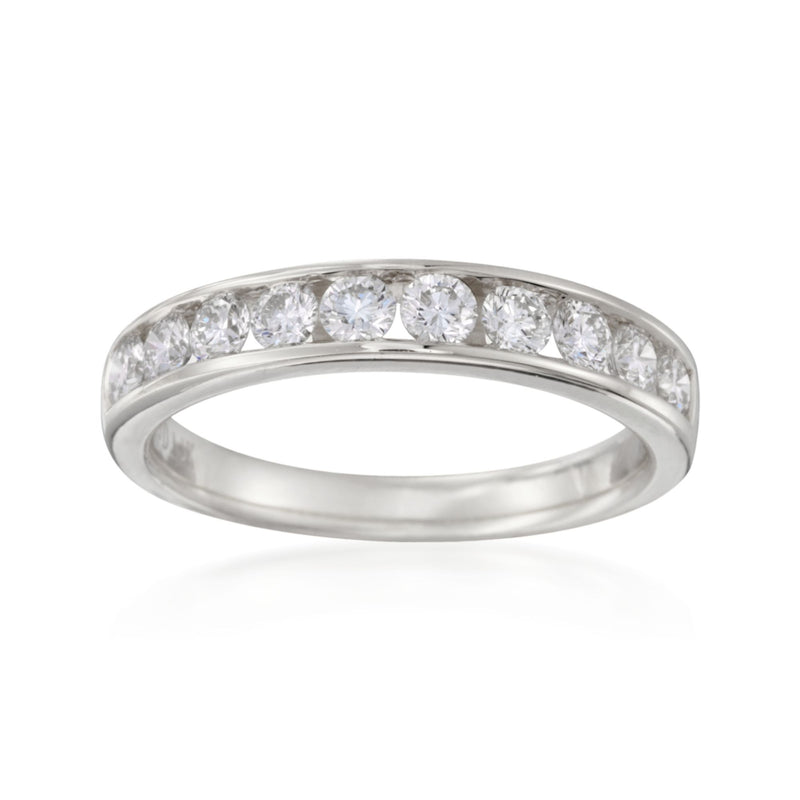 14kt white gold diamond wedding ring with channel-set stones, slim band