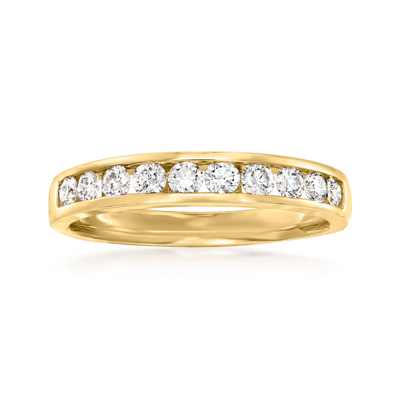 14k yellow gold channel-set diamond band ring with round clear stones