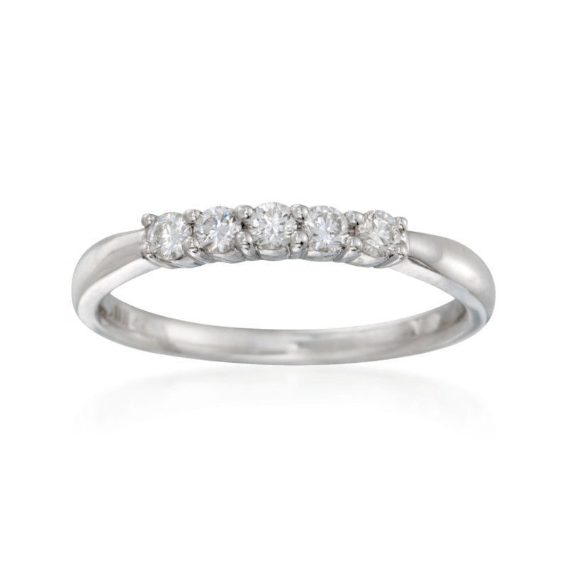14kt white gold diamond band ring with small round diamonds across top.
