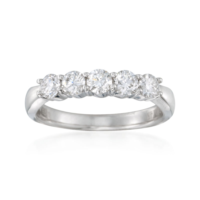 14kt white gold diamond ring with five round-cut stones along a polished band