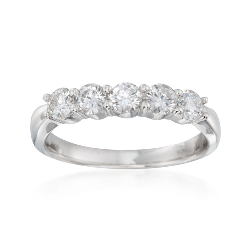 14kt white gold diamond ring with round-cut stones in a shared prong setting