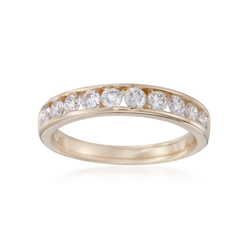 14k yellow gold channel-set diamond wedding ring with round stones across the top