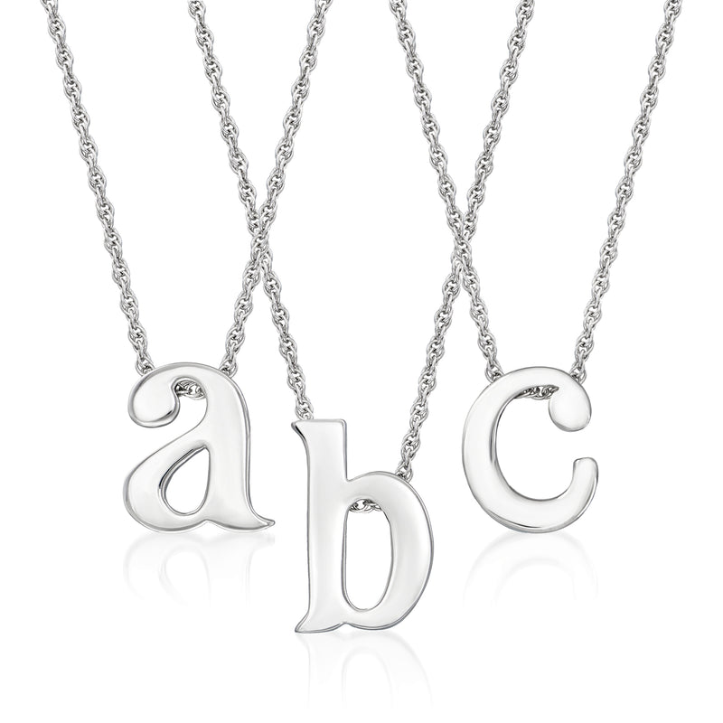 Sterling silver lowercase initial necklace with letter charms a, b, and c on chain